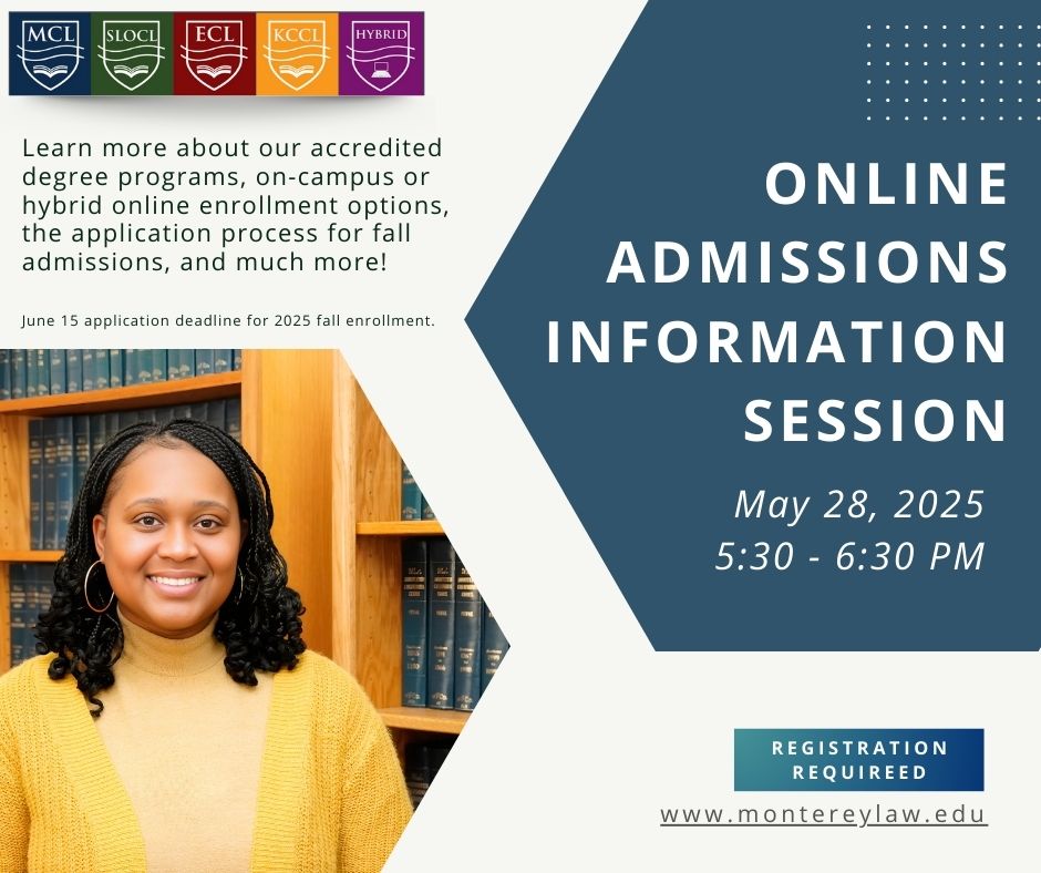 Online Admissions Session Invitation with a photo of a black student, general information text in black on cream background, admissions session information in white text on blue background.