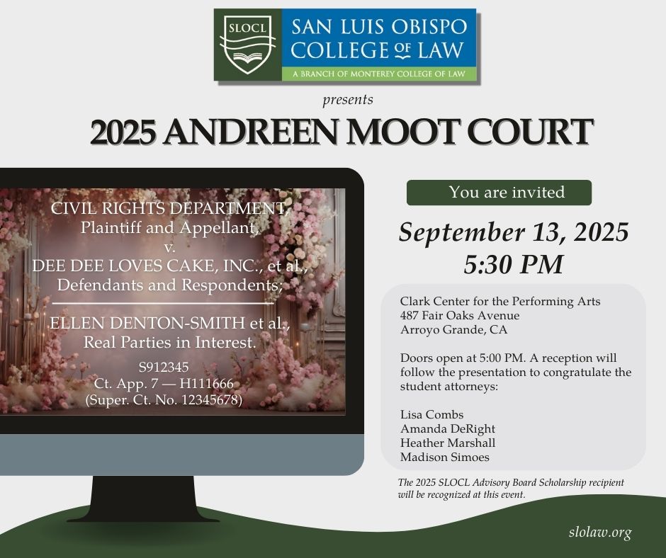 2025 Andreen Moot Court Invitation, black text on grey background and image of a computer with a floral background and white text. SLOCL logo at the top.