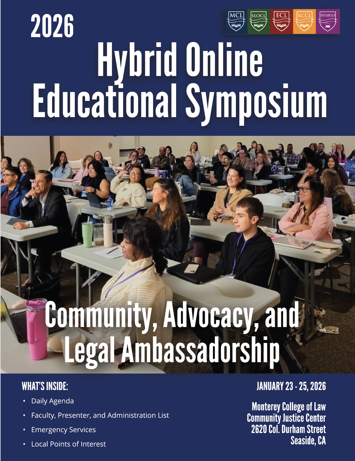 Hybrid Symposium agenda cover. Text in white on a blue background with a photo of students in the center.