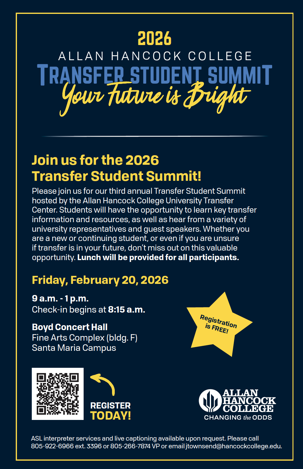 Text in yellow, blue and white on a dark blue background, with QR code in the left bottom corner and Allan Hancock College logo in the right bottom.  