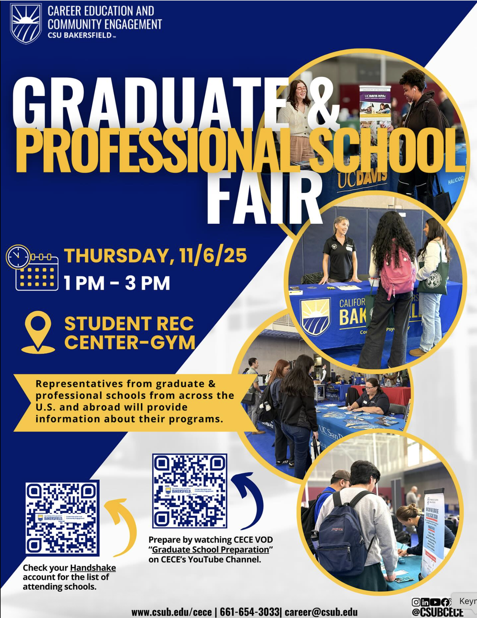 White and yellow text on blue background with a photos of a diverse students group of students on the right and QR codes on the bottom left
