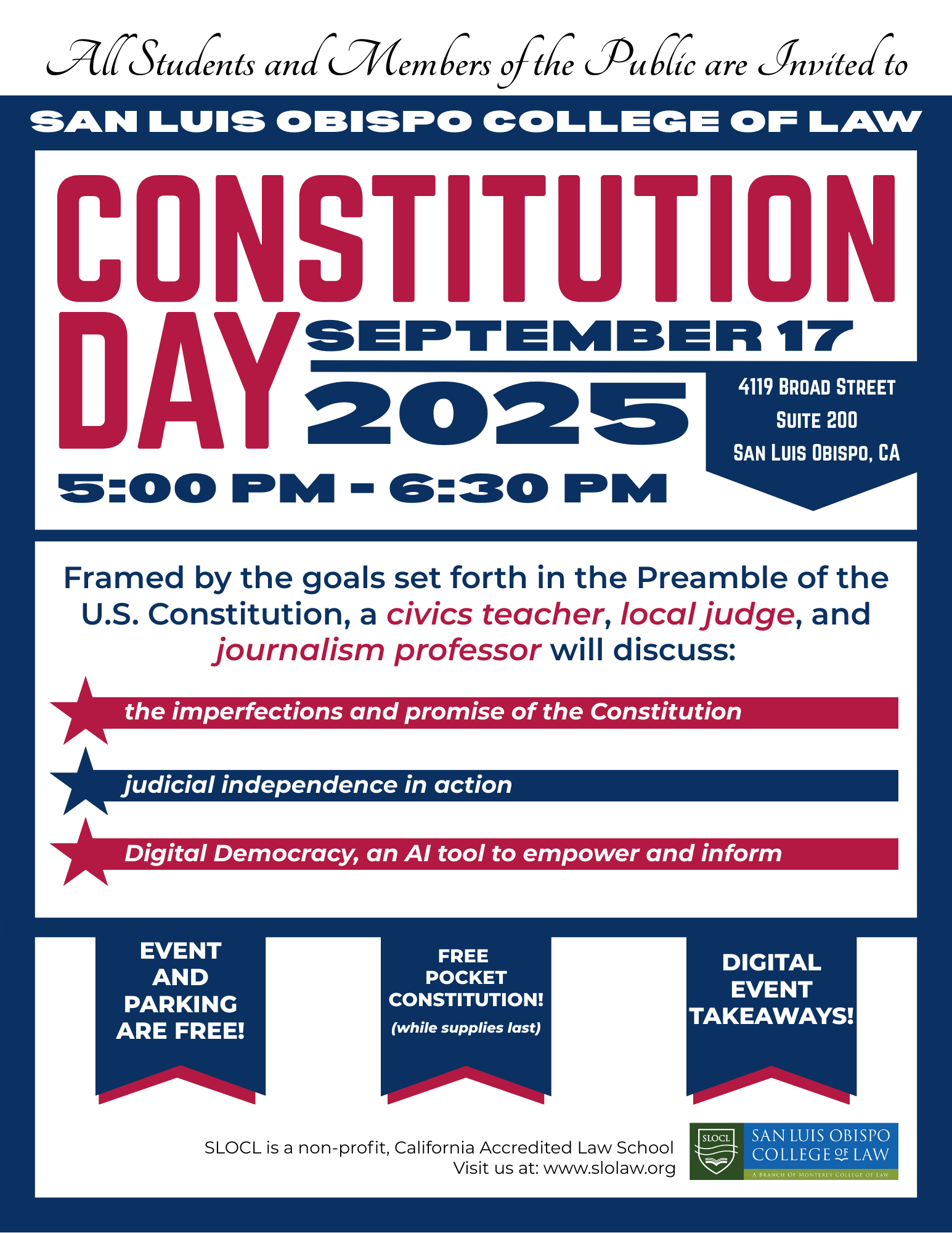 Constitution Day flyer in red and blue text on a white background. SLOCL logo in the right corner.