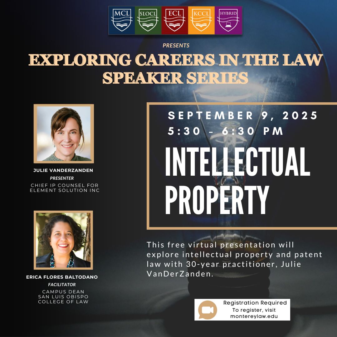 Exploring Careers in the Law Invitation - white and tan text on a dark blue background with a light bult and photos on the left side.