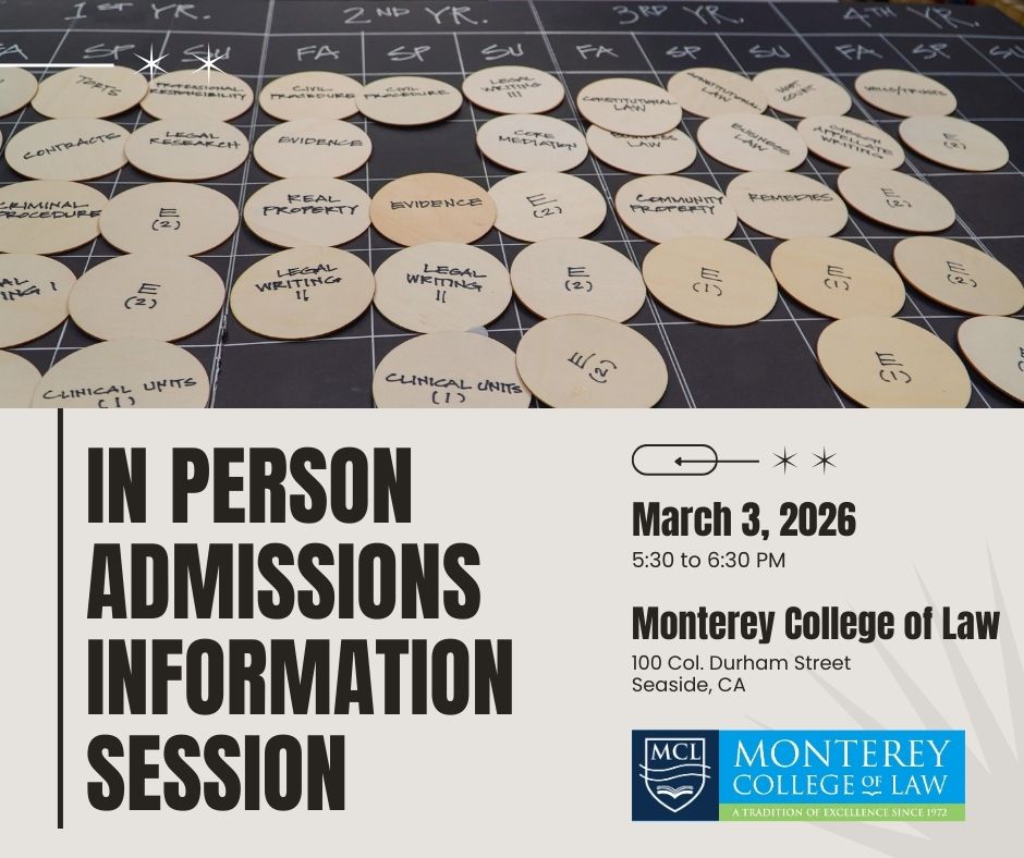 On-Campus Admissions Session Invitation. Text in black on a grey background, with the school logo in the bottom right corner, and a photo of courses at the top.