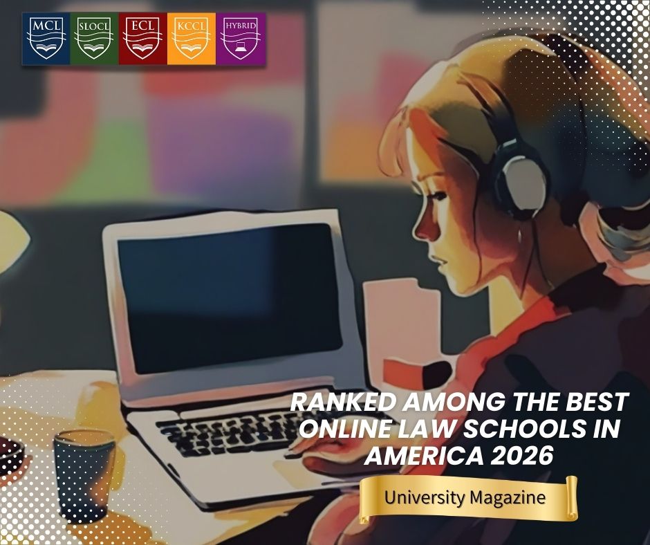 Watercolor image of a woman at a computer, school logo in the left corner, and white text